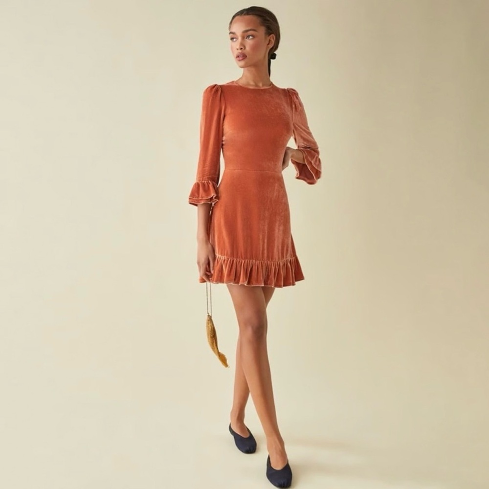 Reformation Mountain Mini Velvet Long Sleeve Dress in Salmon - Picture 4 of 5